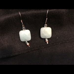 Light blue square bead earrings. Hand made.